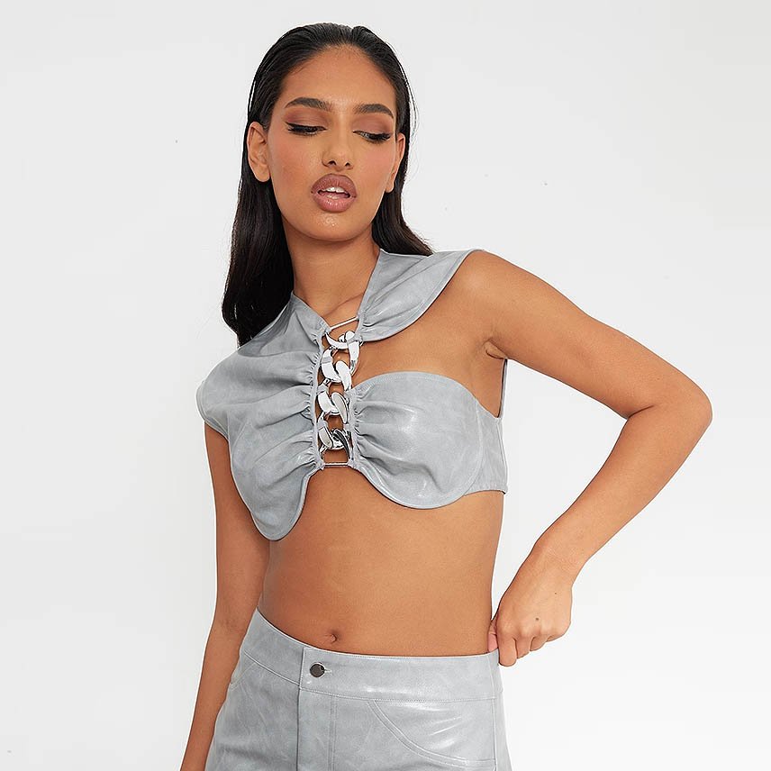 Grey Washed Faux Leather Chain Detail Asymmetric Top