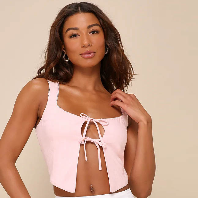 Nathalia Corset Light Pink Linen Lace Tie-Front Crop Top