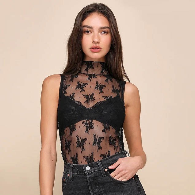 Nice Try Black Sheer Lace Mock Neck Ruched Tank Top