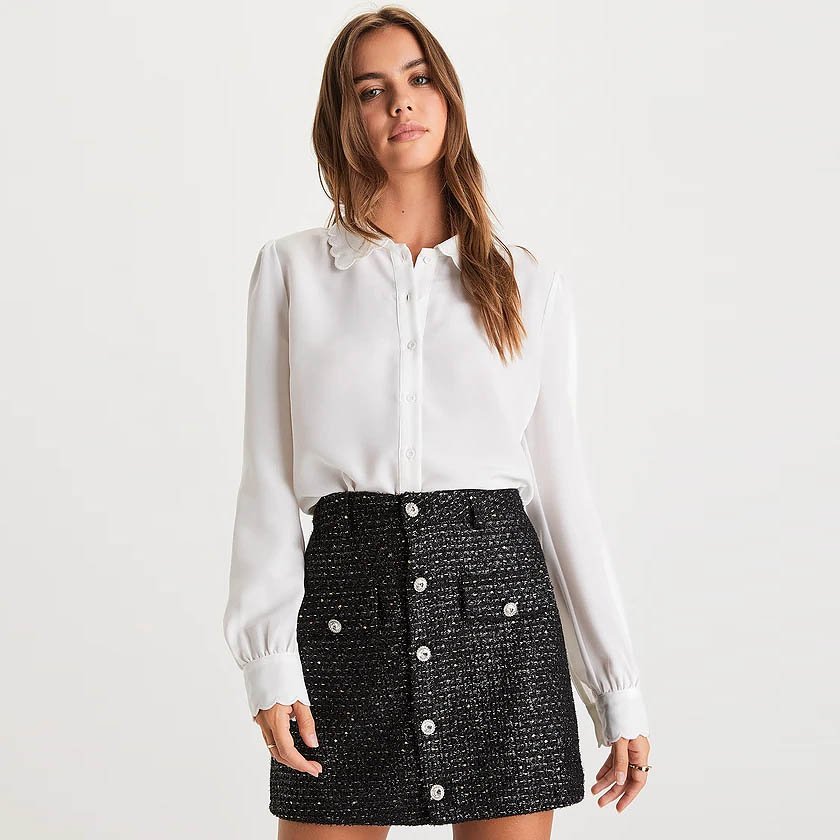 Posh Reputation Black Tweed Rhinestone Button-Front Mini Skirt