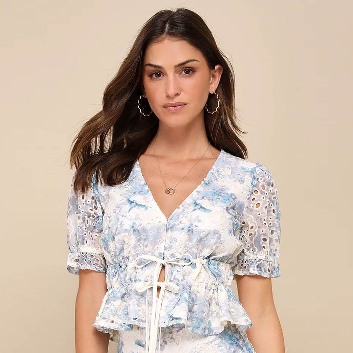 Positively Beloved Ivory Floral Embroidered Tie-Front Top
