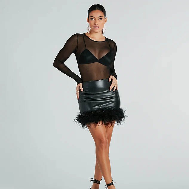 So Fabulous Feather-Trim Faux Leather Mini Skirt