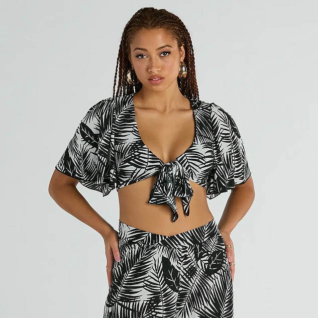 Time For Vacay Tie Front Tropical Crop Top