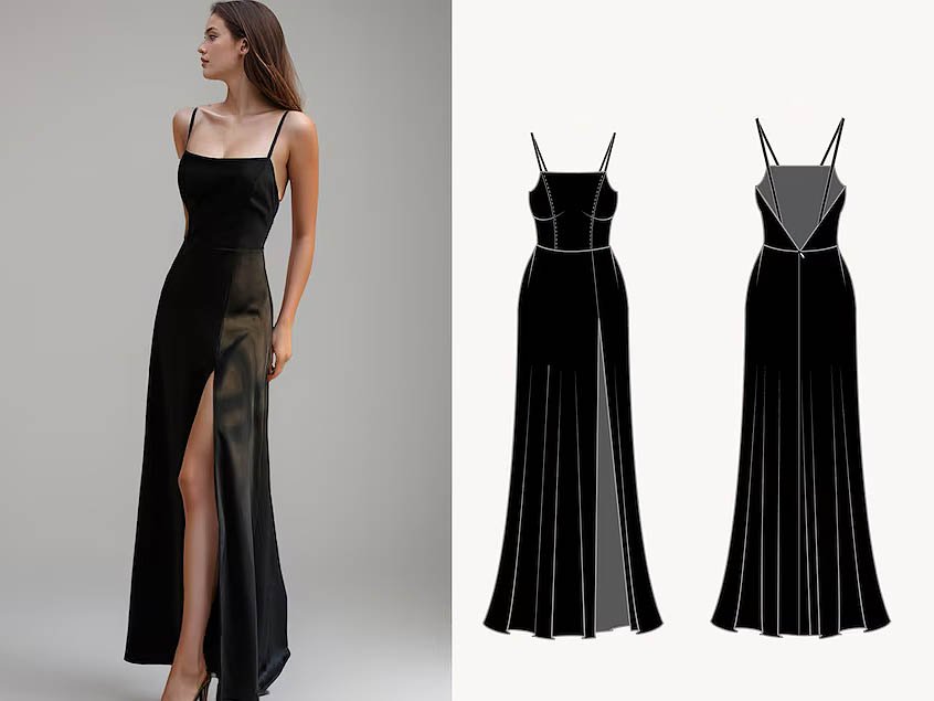 The model is showcasing a black satin slip dress.