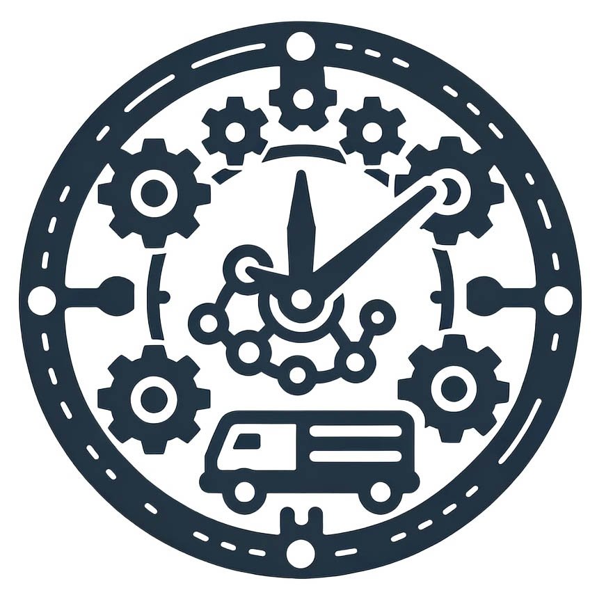 An icon featuring a clock with different gears inside, symbolizing the process and timing of orders. The gears represent the complexity and the different stages involved in an order, and a small truck or delivery icon embedded within the clock face to signify the delivery aspect. This icon should convey precision and reliability, using colors that are professional and clear.
