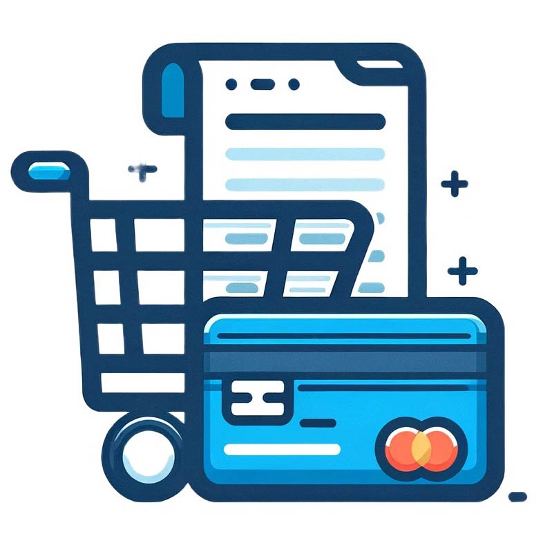 An icon featuring a shopping cart combined with a credit card and a receipt. The shopping cart symbolizes the ordering process, the credit card represents the payment methods, and the receipt could indicate invoicing. This icon should be simple yet informative, using a clean and professional design to convey the practical aspects of making transactions and tracking orders.