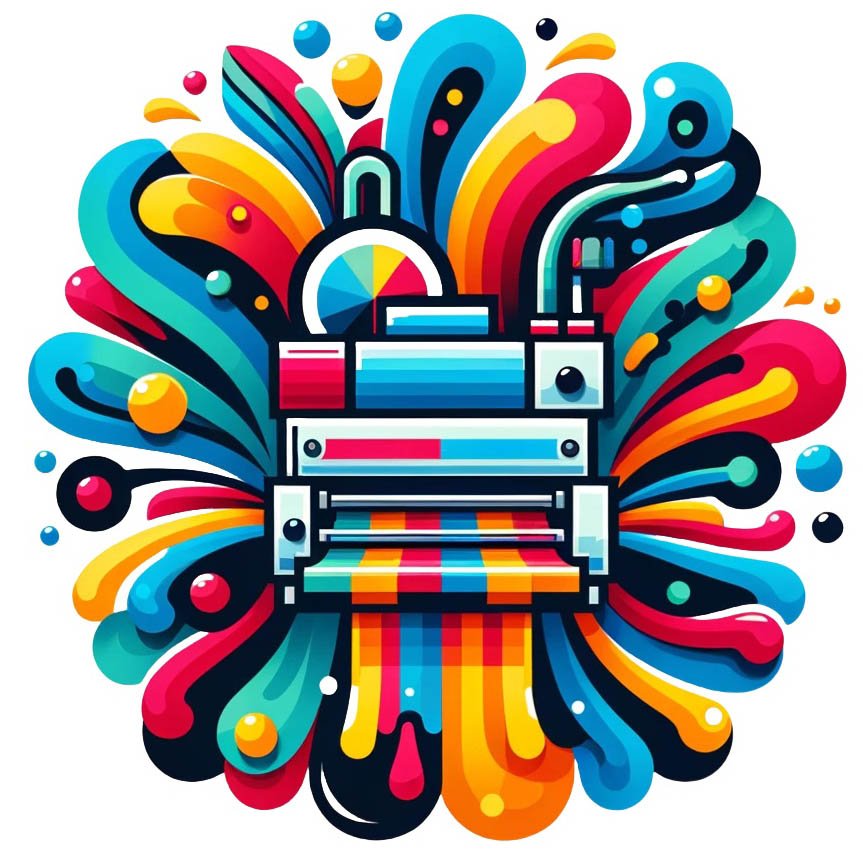 An icon featuring a stylized printing press or printer with multiple layers of colored ink splashes, symbolizing the variety of printing techniques available. The layers could overlap slightly to show the blending of colors and techniques, emphasizing the customization possible in printing on apparel. This icon should use vibrant colors to represent the dynamic nature of printing processes and their creative potential.