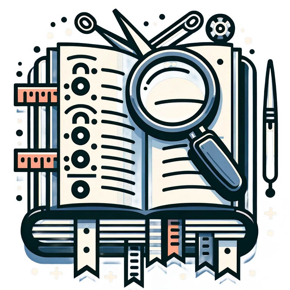 An icon featuring a book with visible tabs for indexing, symbolizing the organized nature of guides and resources. Overlaying the book, a magnifying glass to represent search and discovery of information, reinforcing the idea of detailed guidance. The design should be straightforward but detailed enough to convey the purpose of providing comprehensive information.