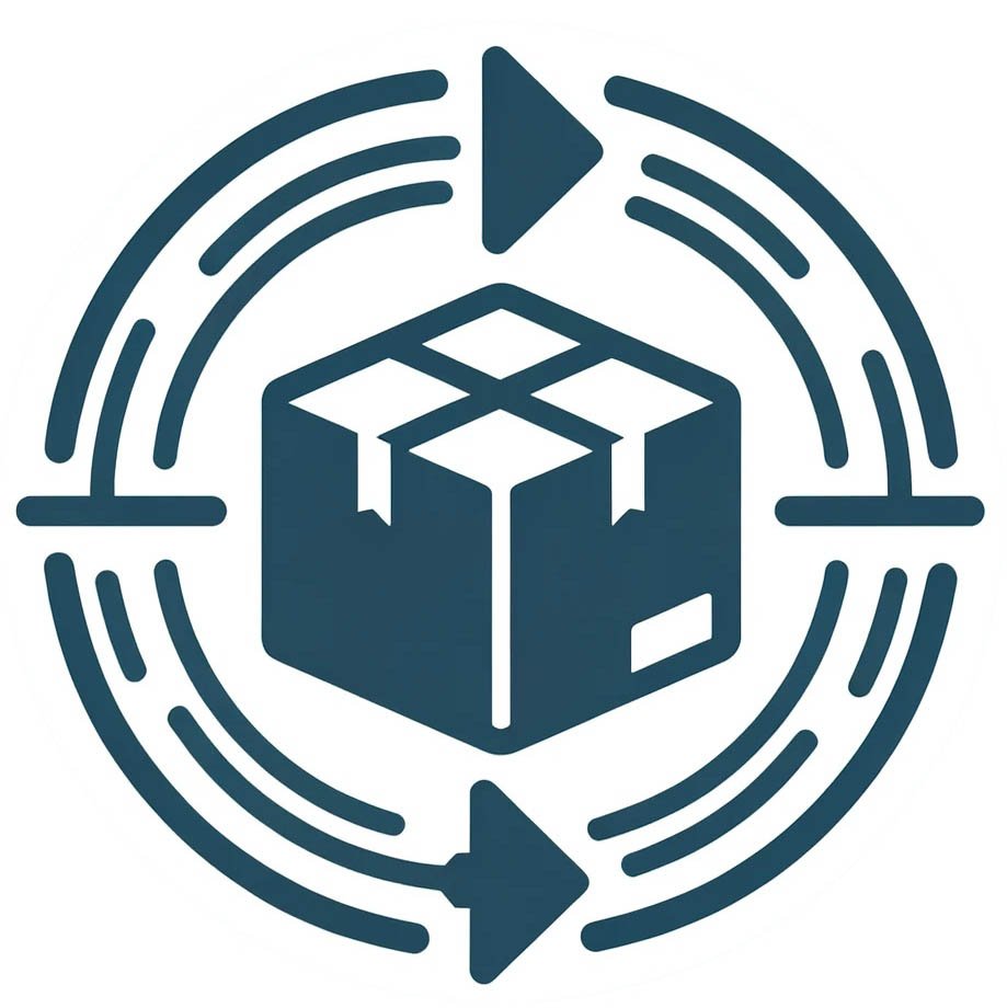 An icon featuring a shipping box with an arrow circling around it, symbolizing the process of shipping and the possibility of returns. The arrow should loop from one side of the box to the other, indicating the movement of items being sent and returned. This design conveys the logistics and cyclical nature of shipping and returning products. The colors should be straightforward, perhaps using shades that suggest reliability and trust, like blue or green.