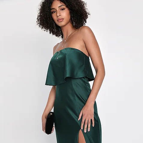 Alluring Behavior Emerald Green Satin Strapless Maxi Dress