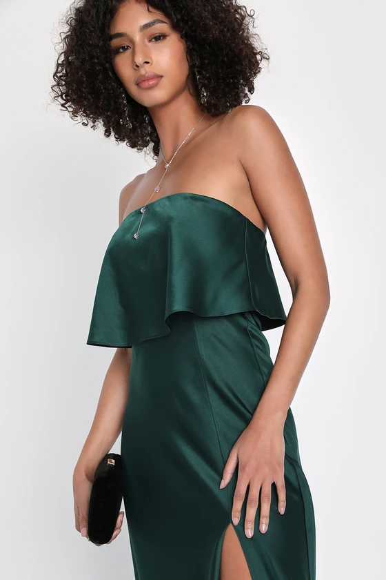 Alluring Behavior Emerald Green Satin Strapless Maxi Dress details