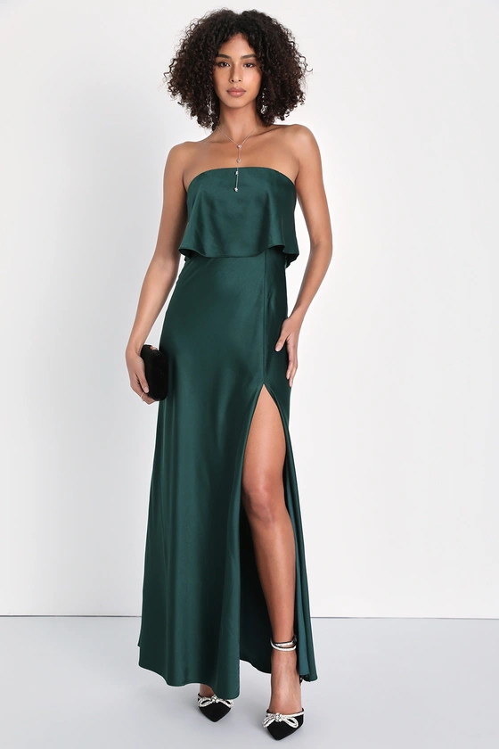 Alluring Behavior Emerald Green Satin Strapless Maxi Dress front.