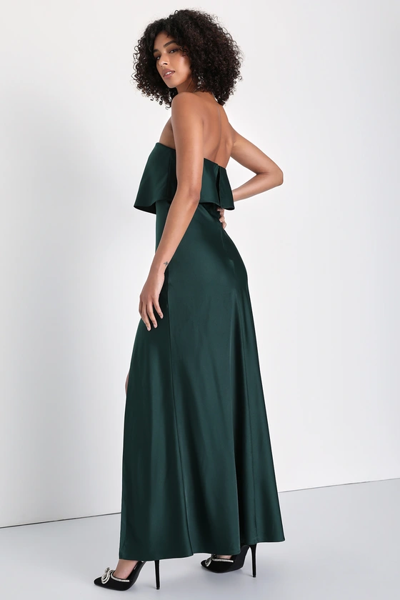 Alluring Behavior Emerald Green Satin Strapless Maxi Dress side