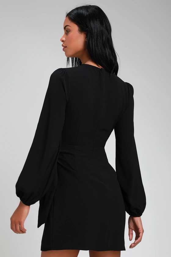 Believe It or Knot Black Long Sleeve Tie-Front Skater Dress back