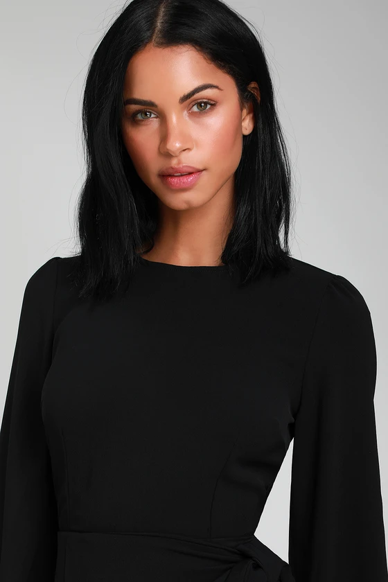 Believe It or Knot Black Long Sleeve Tie-Front Skater Dress detail