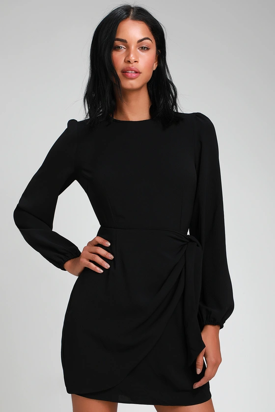 Believe It or Knot Black Long Sleeve Tie-Front Skater Dress detail.