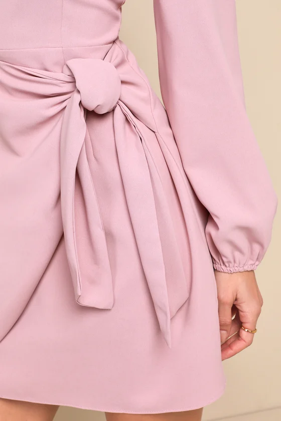 Believe It or Knot Rose Pink Long Sleeve Tie-Front Skater Dress detail.