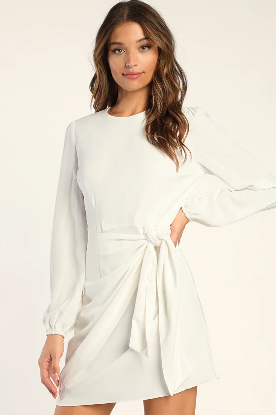 Believe It or Knot White Long Sleeve Tie-Front Skater Dress detail...