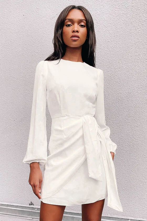 Believe It or Knot White Long Sleeve Tie-Front Skater Dress front.