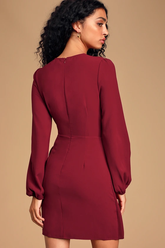 Believe It or Knot Wine Red Long Sleeve Tie-Front Skater Dress back