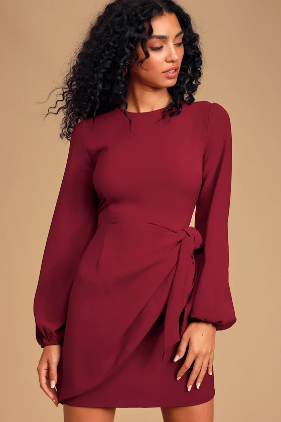 Believe It or Knot Wine Red Long Sleeve Tie-Front Skater Dress detail