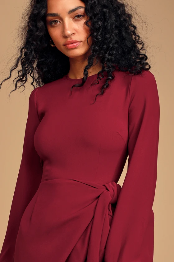 Believe It or Knot Wine Red Long Sleeve Tie-Front Skater Dress details