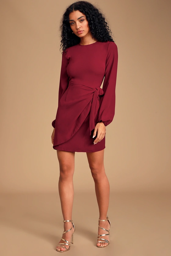 Believe It or Knot Wine Red Long Sleeve Tie-Front Skater Dress front