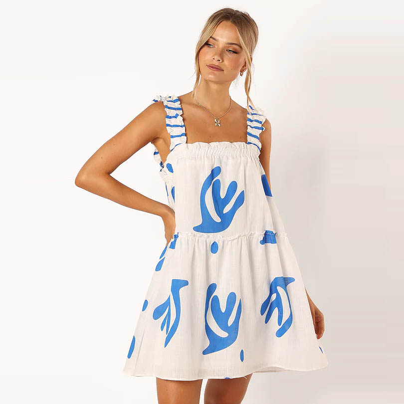 Blue Printed Mini Summer Dress Cute