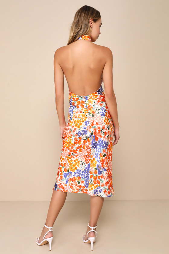 Bold Presence Orange Multi Floral Satin Halter Midi Dress back