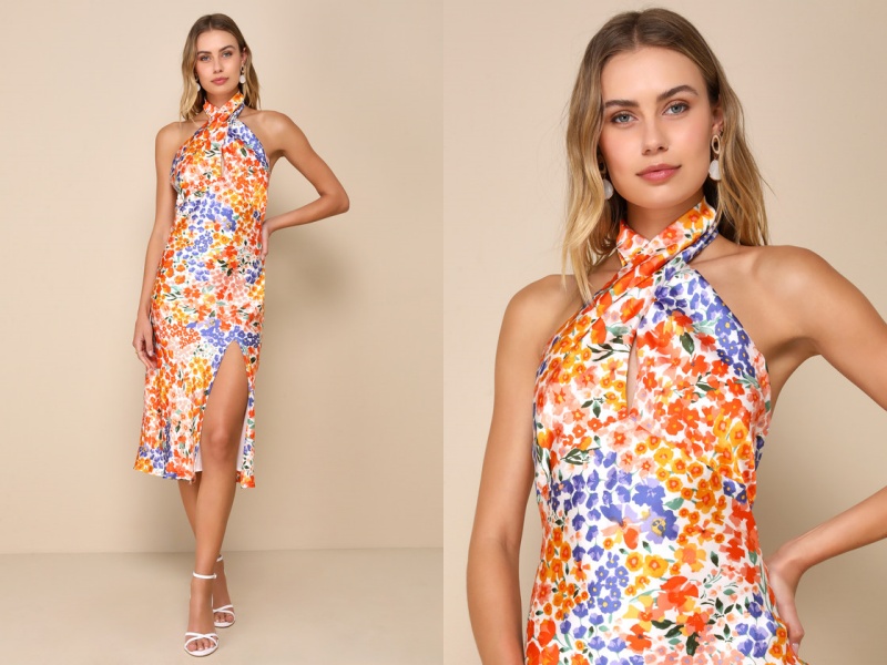 Bold Presence Orange Multi Floral Satin Halter Midi Dress