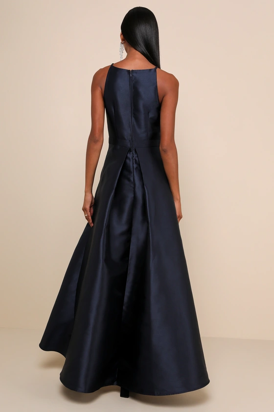 Broadway Show Navy Blue High-Low Gown back