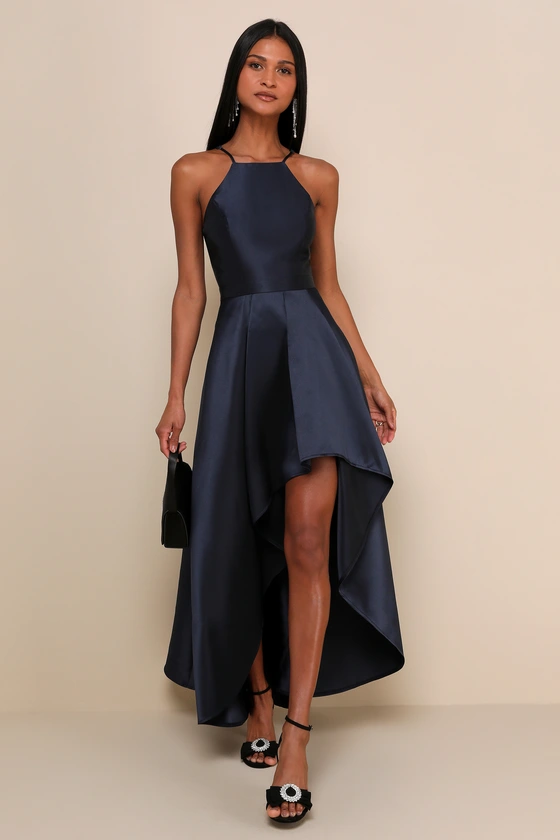 Broadway Show Navy Blue High-Low Gown front