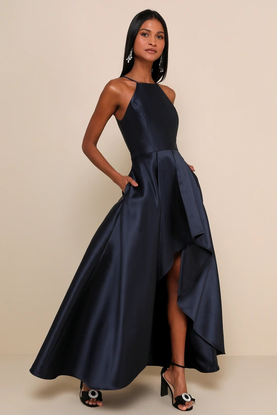 Broadway Show Navy Blue High-Low Gown side