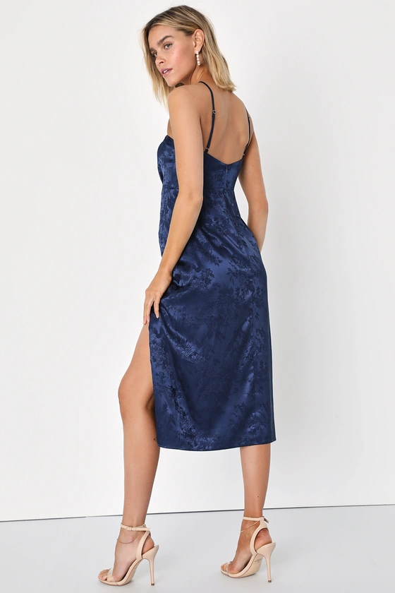 Desirable Dream Navy Blue Satin Jacquard Halter Neck Midi Dress back