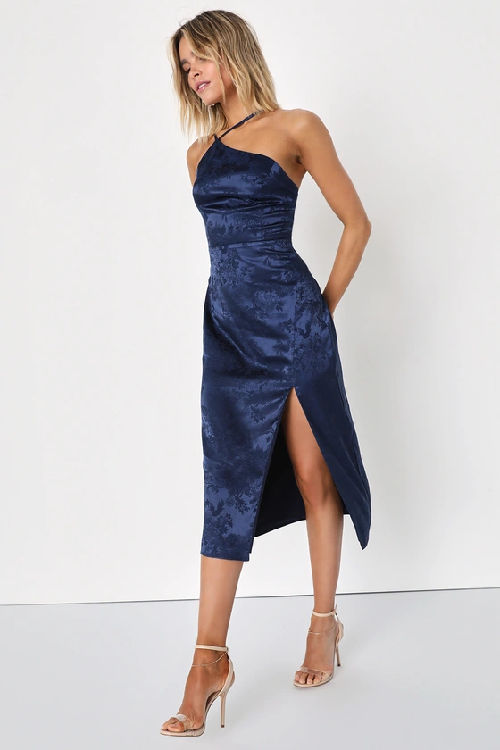 Desirable Dream Navy Blue Satin Jacquard Halter Neck Midi Dress front