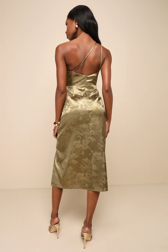 Desirable Dream Olive Satin Jacquard Halter Neck Midi Dress back