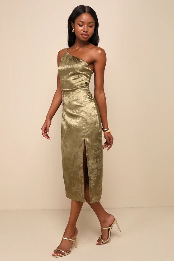 Desirable Dream Olive Satin Jacquard Halter Neck Midi Dress details