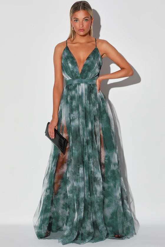 Elegant Moment Emerald Green Tie-Dye Backless Maxi Dress front