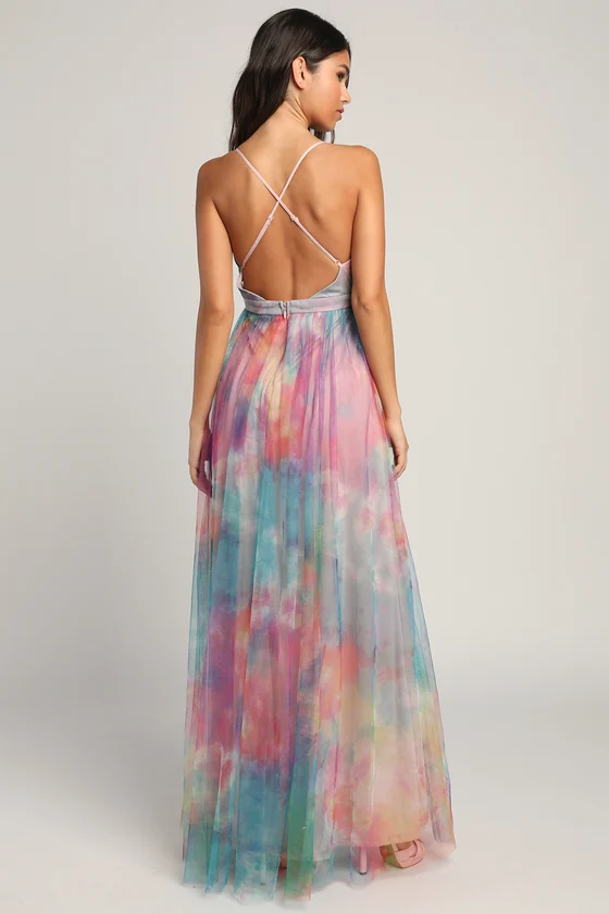 Elegant Moment Multi Watercolor Tie-Dye Backless Maxi Dress back