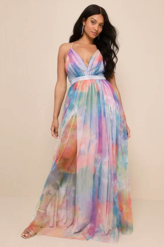 Elegant Moment Multi Watercolor Tie-Dye Backless Maxi Dress front