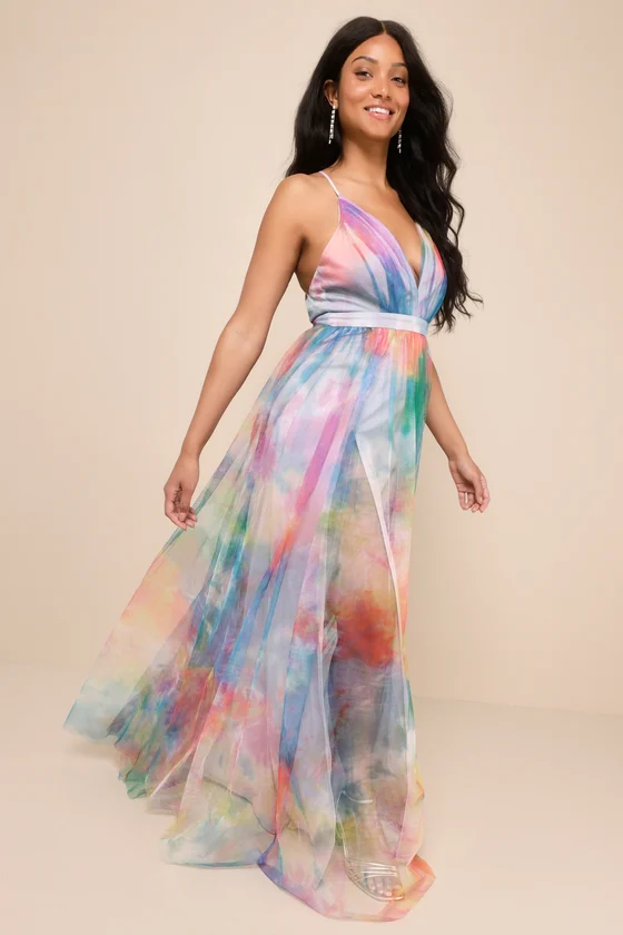 Elegant Moment Multi Watercolor Tie-Dye Backless Maxi Dress front