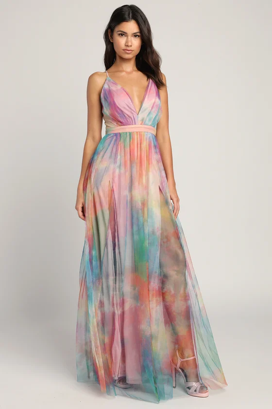 Elegant Moment Multi Watercolor Tie-Dye Backless Maxi Dress front..