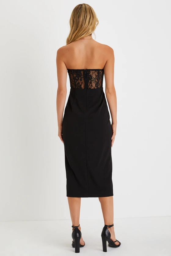 Exquisitely Sultry Black Lace Strapless Bustier Midi Dress back