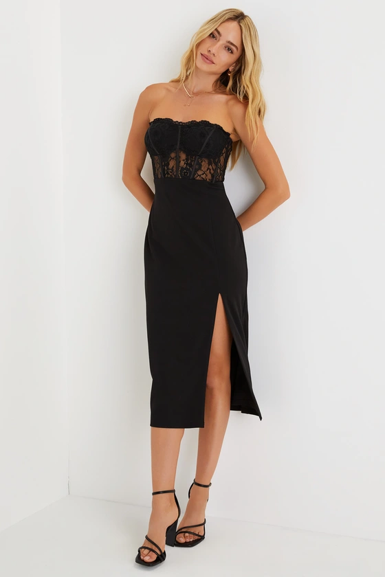 Exquisitely Sultry Black Lace Strapless Bustier Midi Dress front