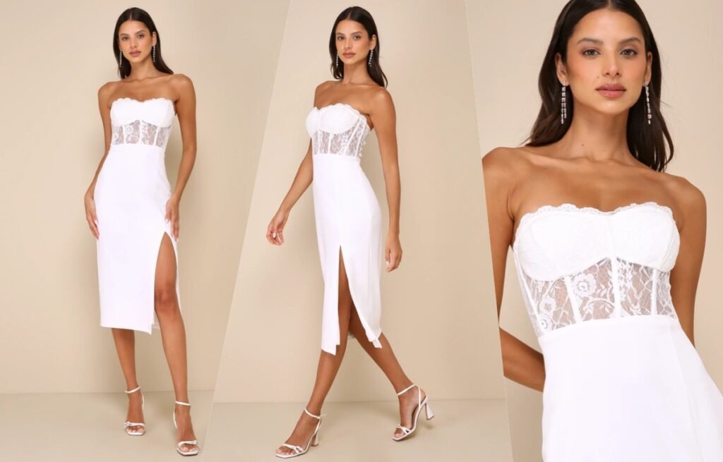 Exquisitely Sultry White Lace Strapless Bustier Midi Dress