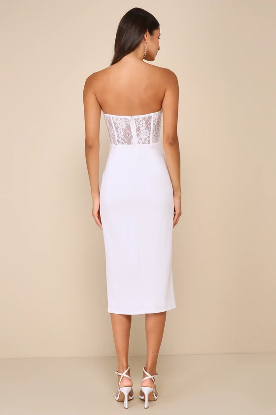 Exquisitely Sultry White Lace Strapless Bustier Midi Dress back