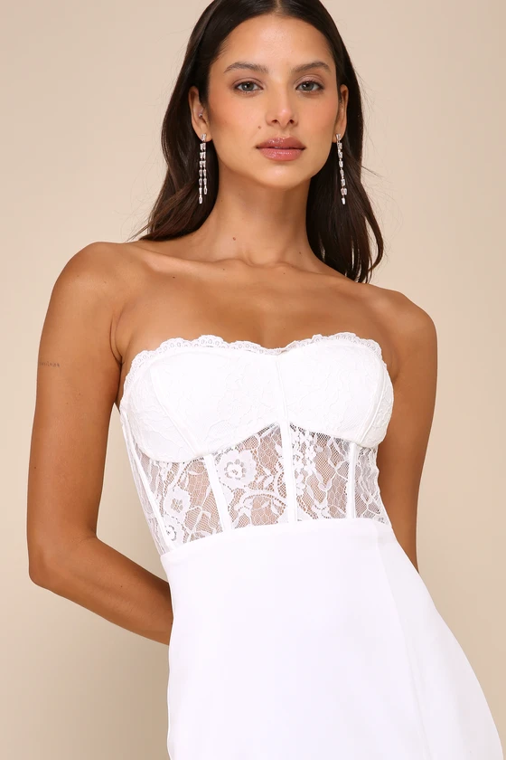 Exquisitely Sultry White Lace Strapless Bustier Midi Dress details