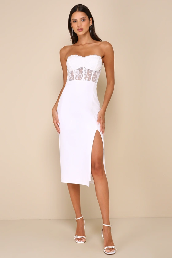 Exquisitely Sultry White Lace Strapless Bustier Midi Dress front