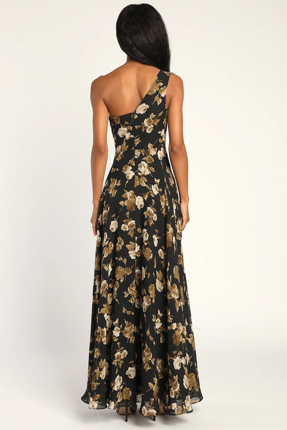 Fashionably Refined Black Floral Print One-Shoulder Maxi Dress back