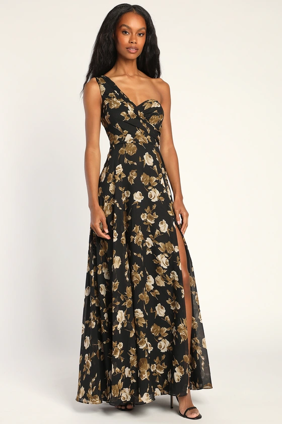 Fashionably Refined Black Floral Print One-Shoulder Maxi Dress front.